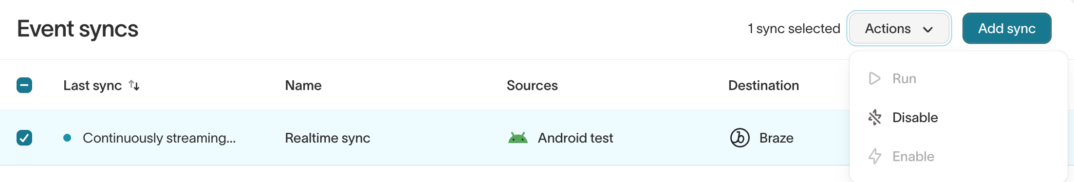Bulk Actions dropdown on the Event syncs page showing Run, Disable, and Enable