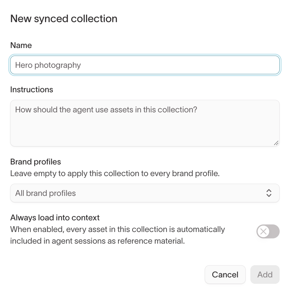 New synced collection dialog with Name, Instructions, Brand profiles, and Always load into context