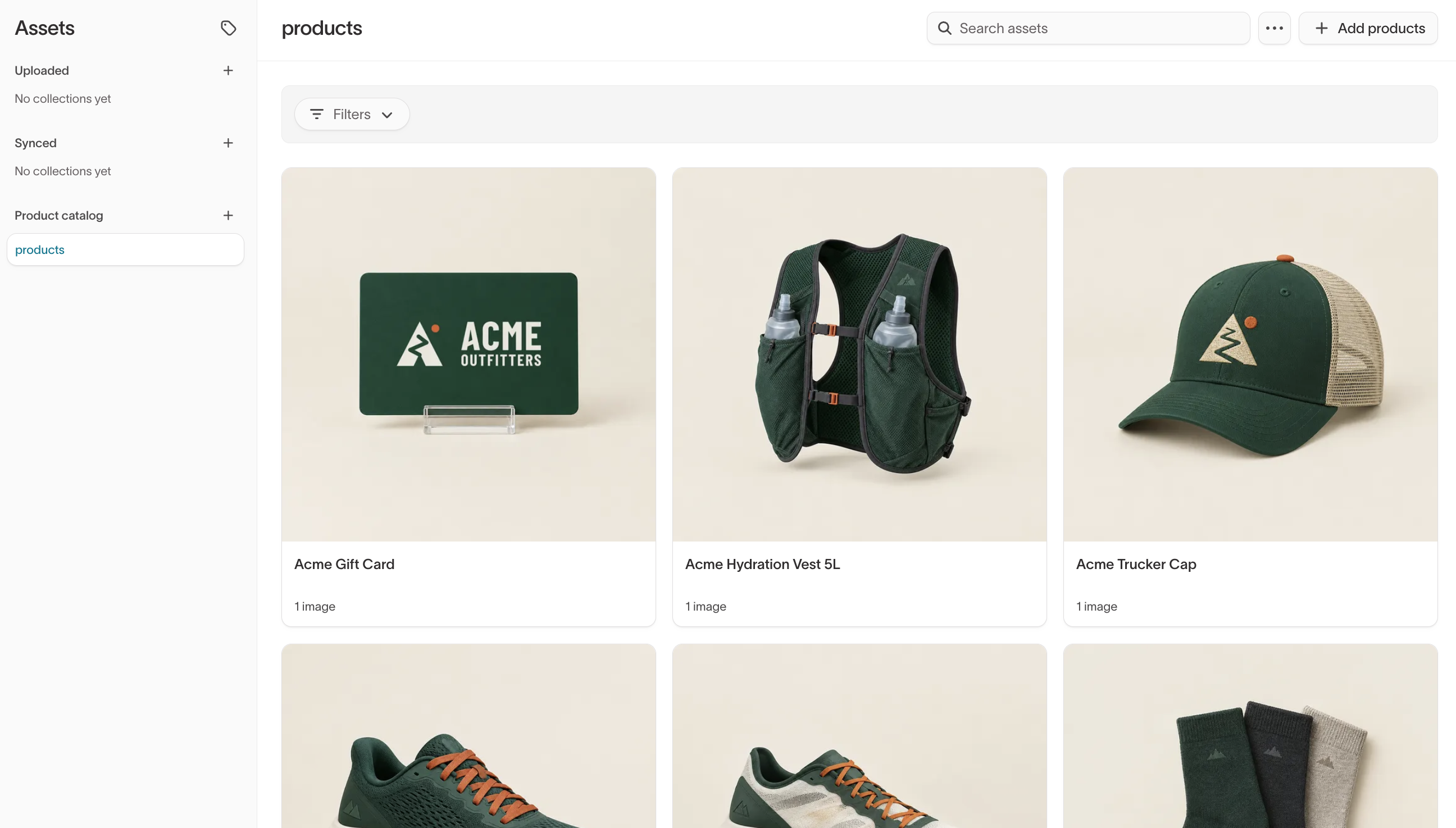 Assets page with the Uploaded, Synced, and Product catalog sections and a product catalog open