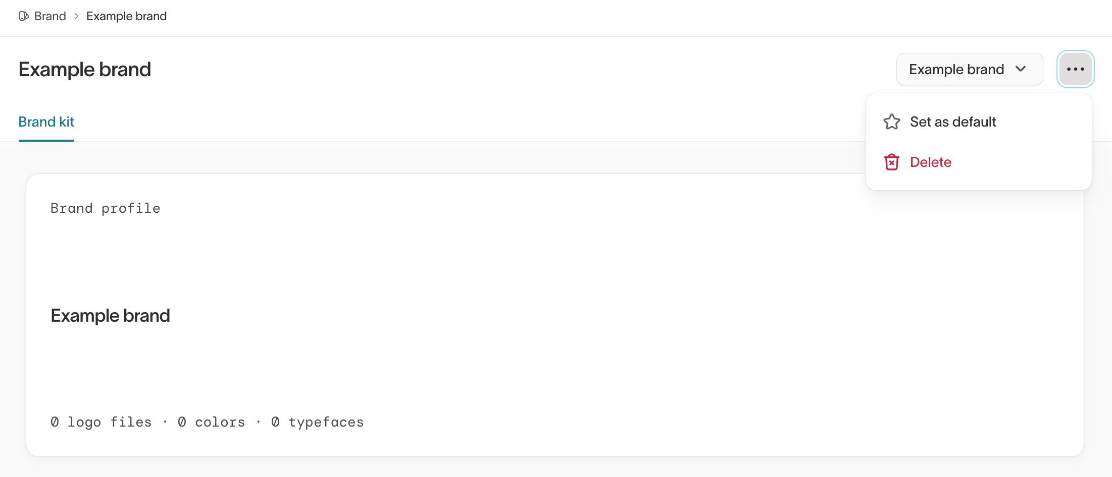 Brand profile actions menu with Set as default and Delete