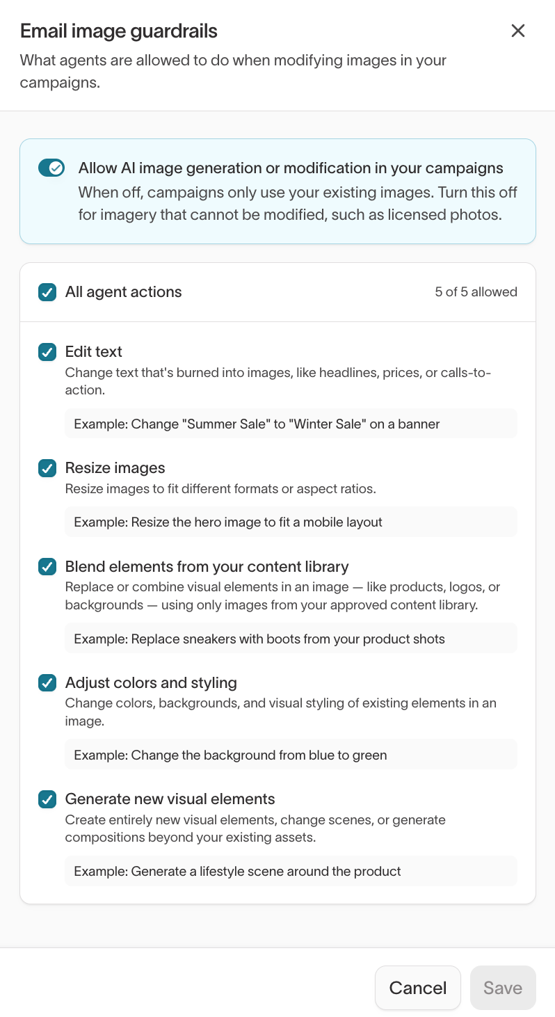 Email image guardrails dialog with the image toggle and the five agent actions, each with an example