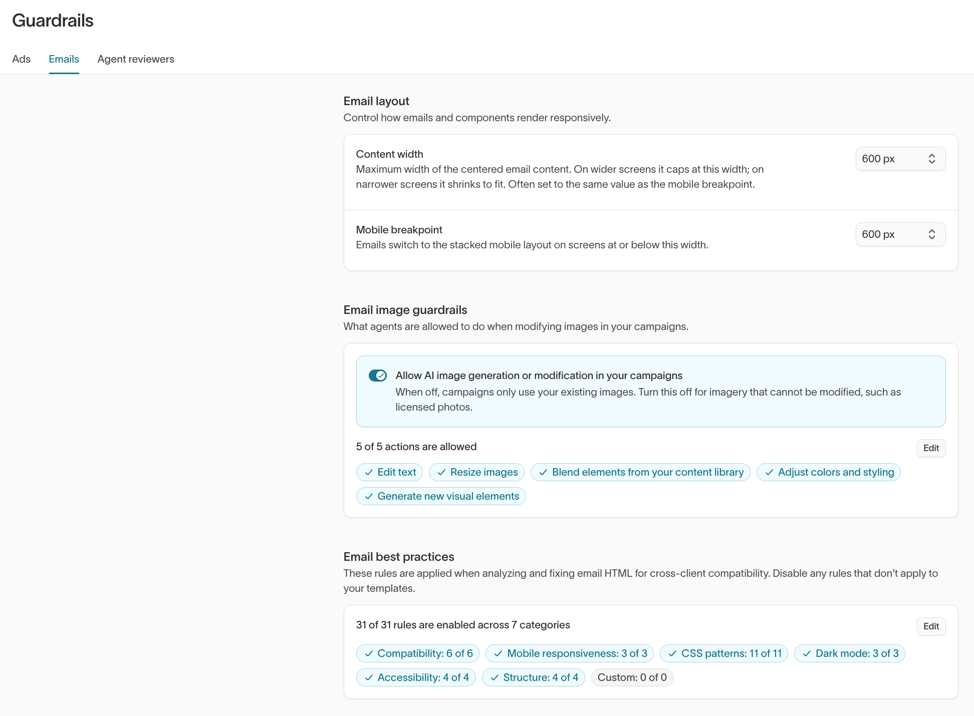 Emails tab with Email layout, Email image guardrails, and Email best practices