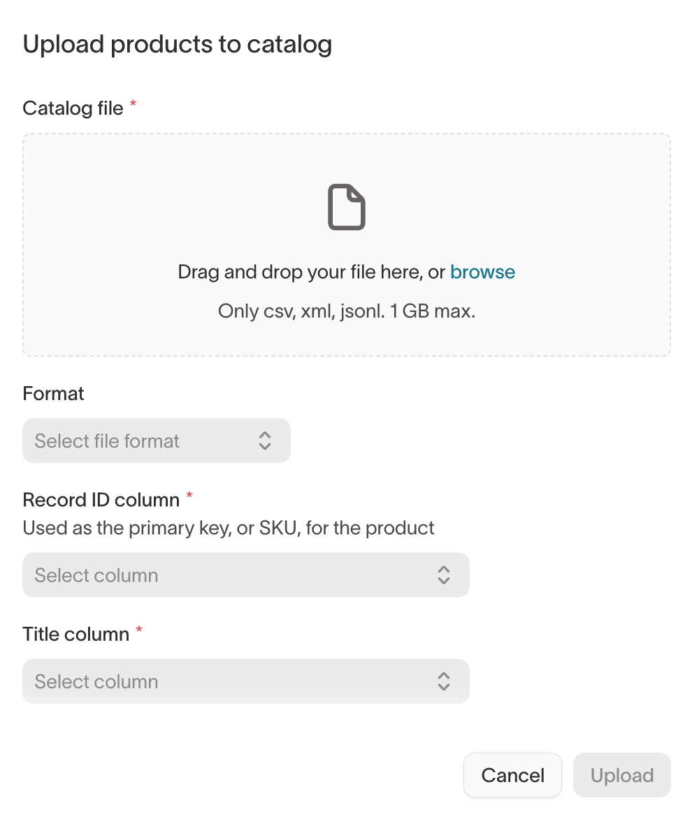 Upload products to catalog dialog with Catalog file, Format, Record ID column, and Title column