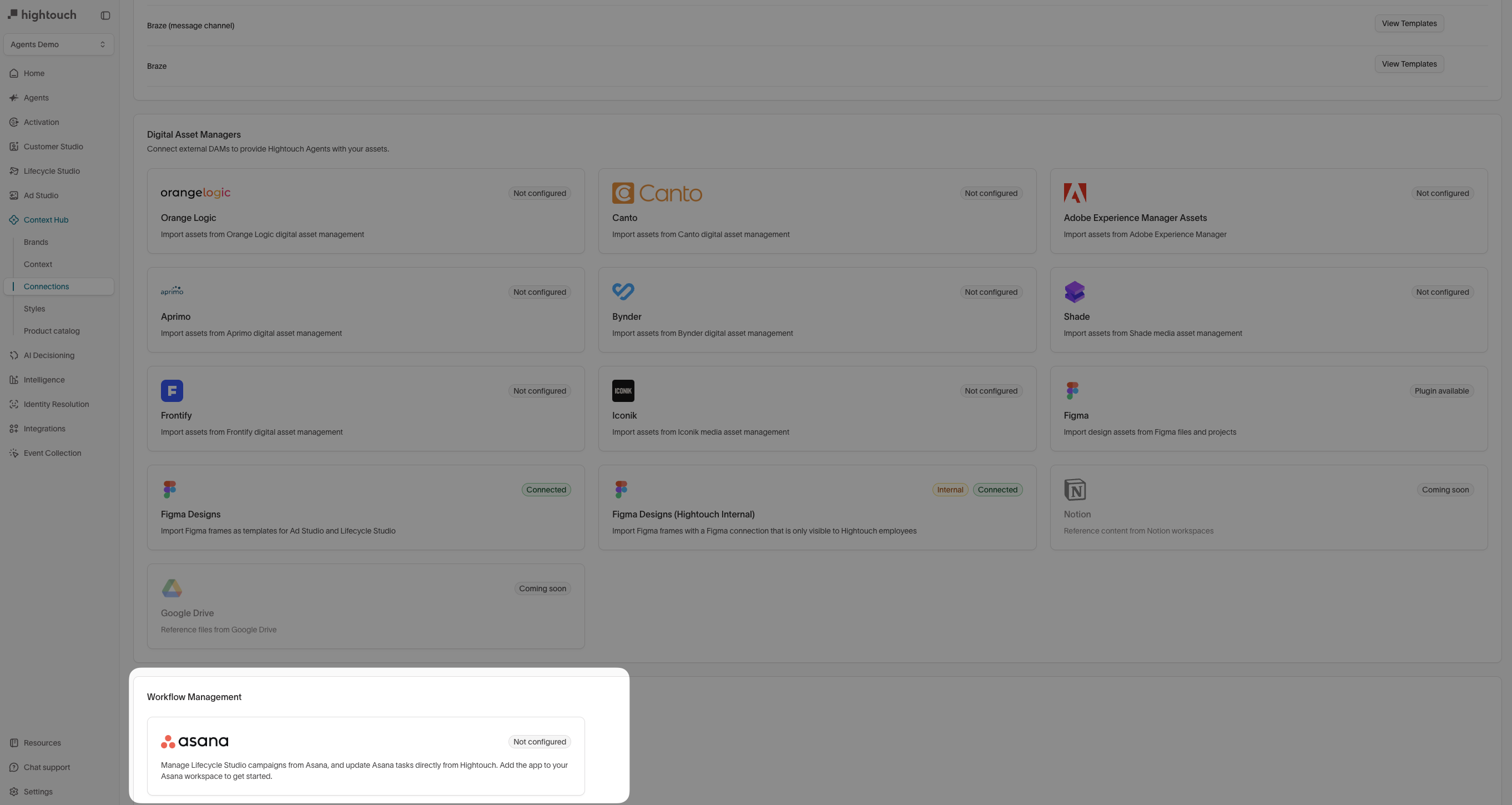 Workflow Management section on the Connections page with the Asana card