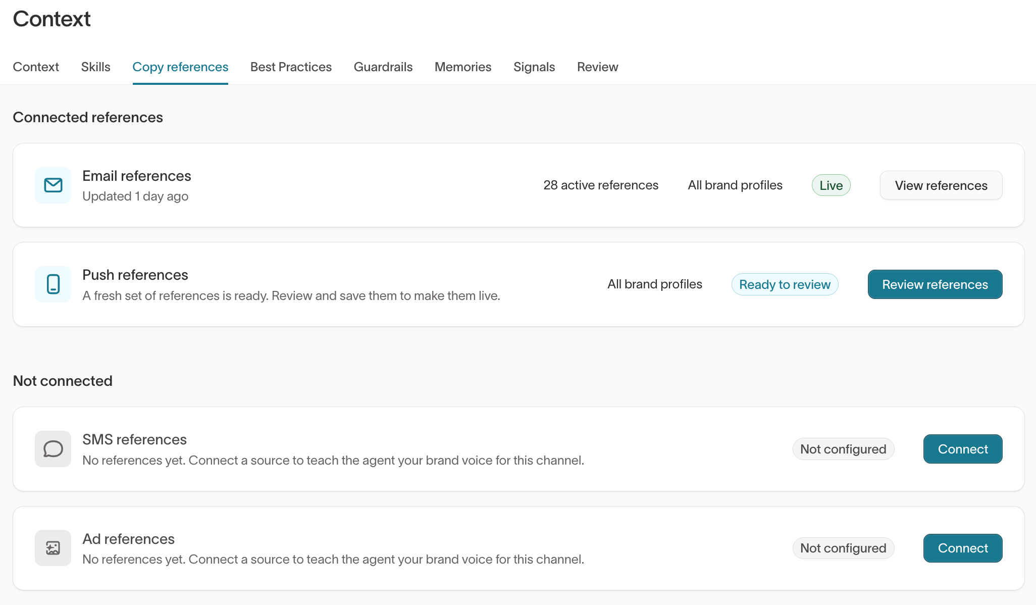 Copy references page showing connected and not-connected channels