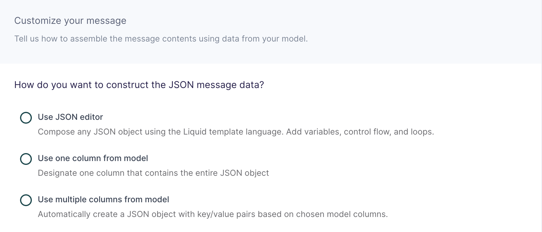JSON message options in the Hightouch UI