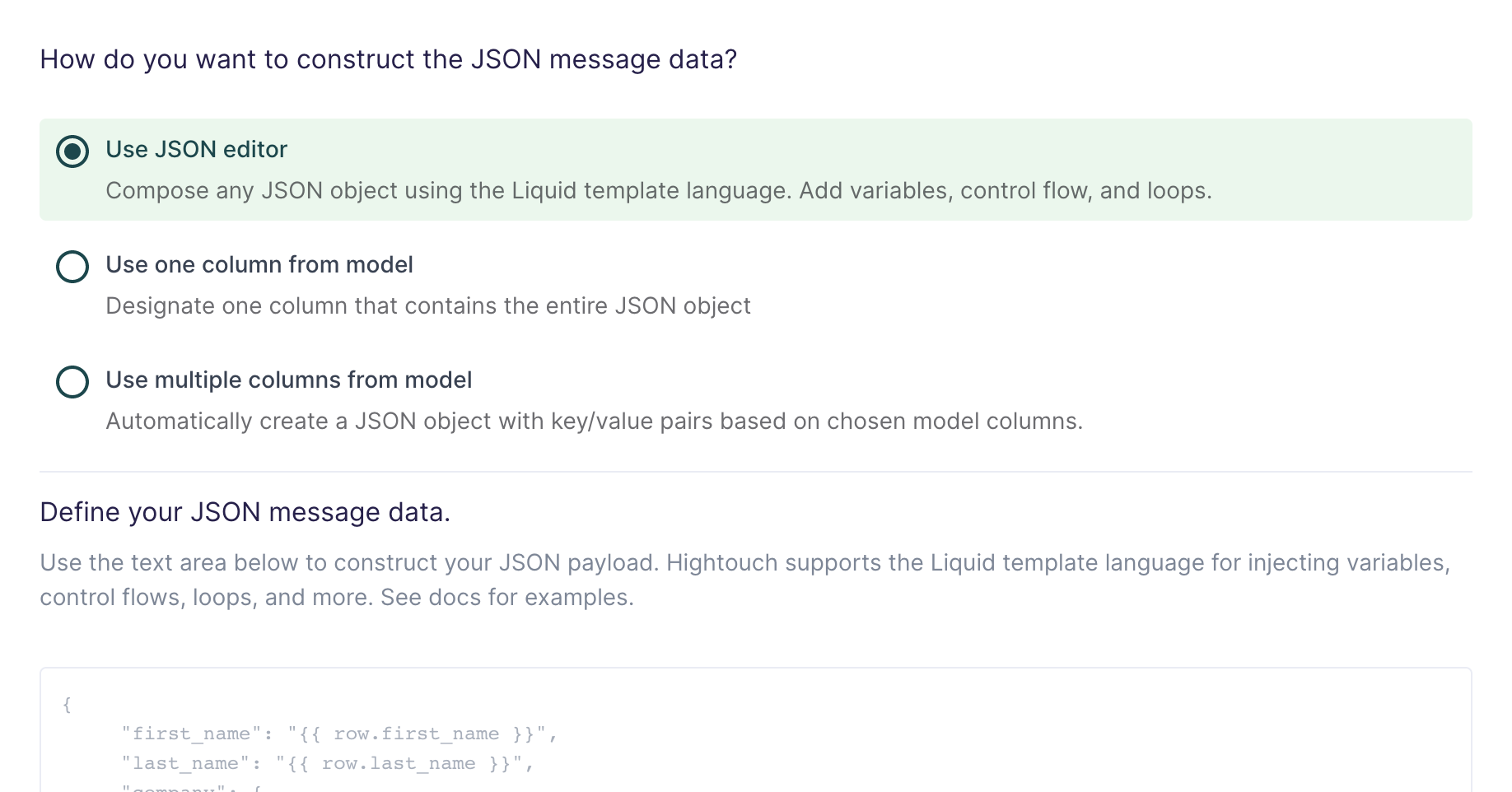 Selecting the JSON editor method in the Hightouch UI