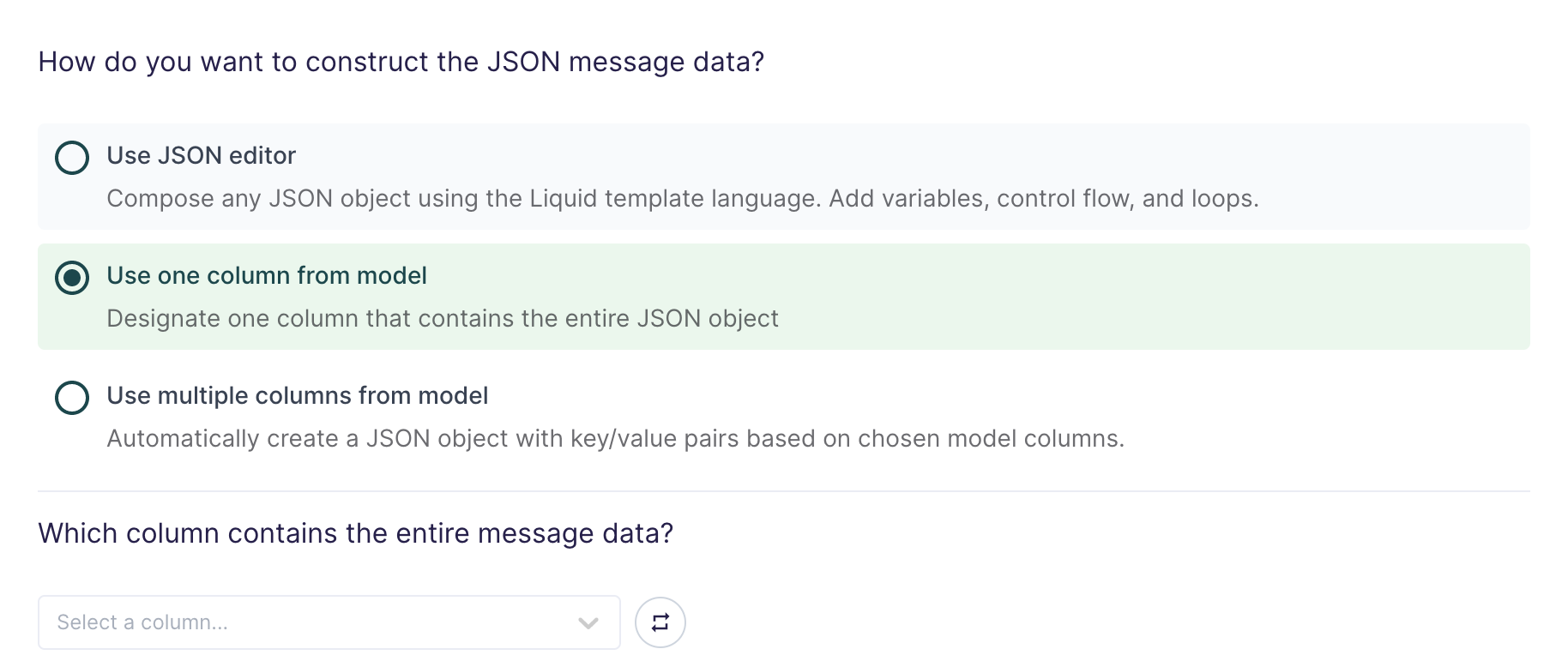 Selecting using one column from the model as the JSON construction method in the Hightouch UI