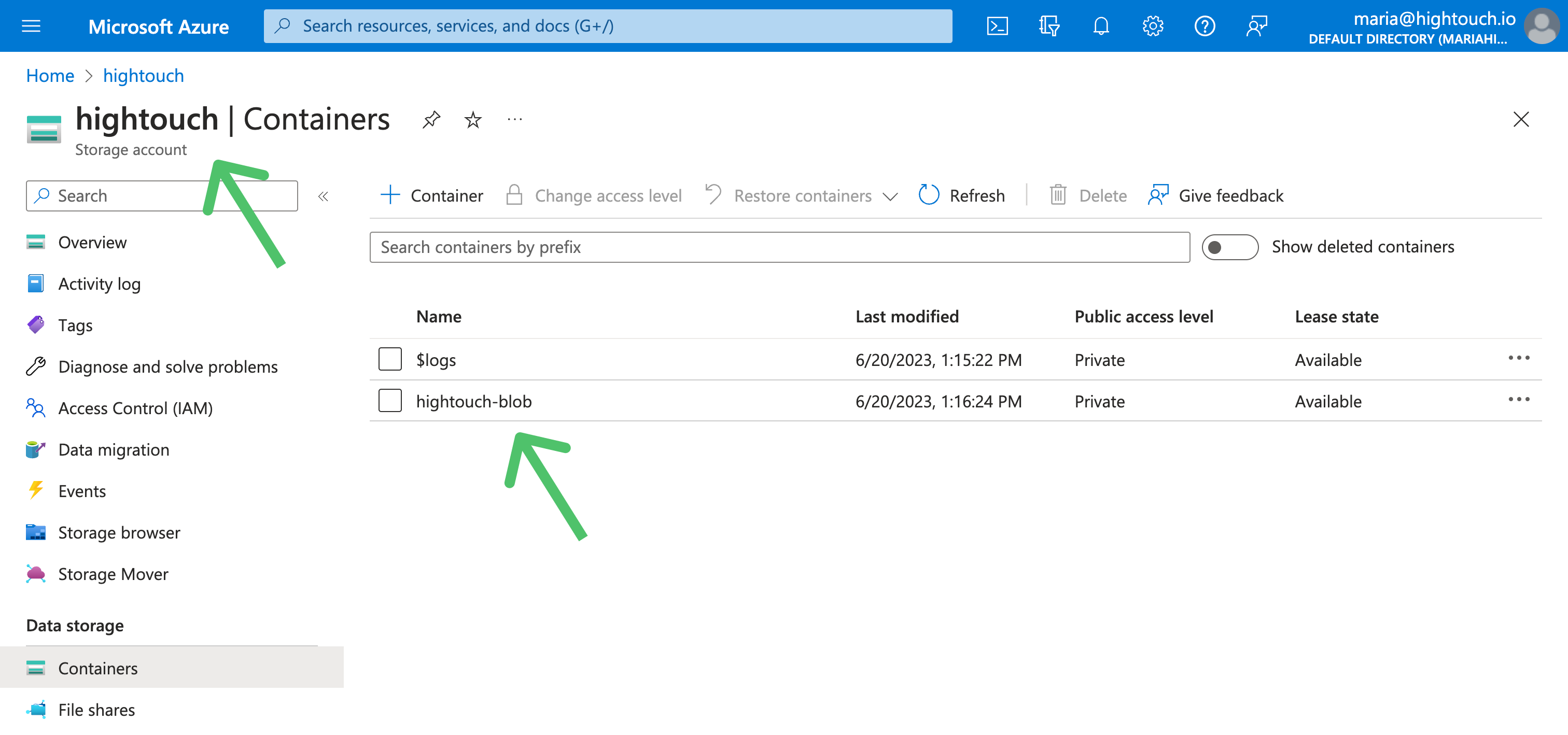 Azure storage containers UI