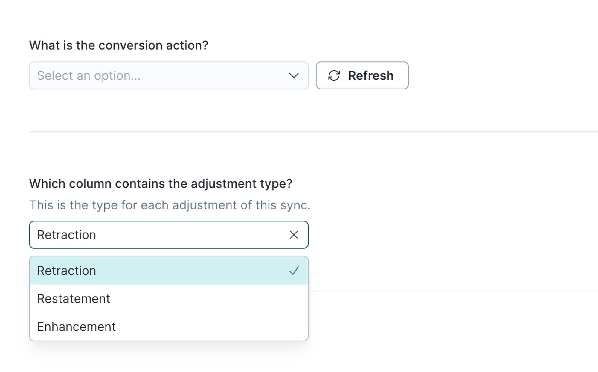 Select conversion action and adjustment type