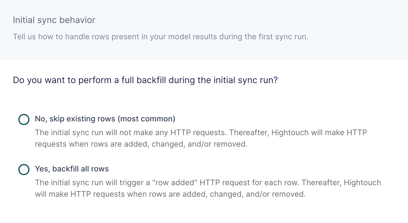 Configuring the initial sync behavior in the Hightouch UI