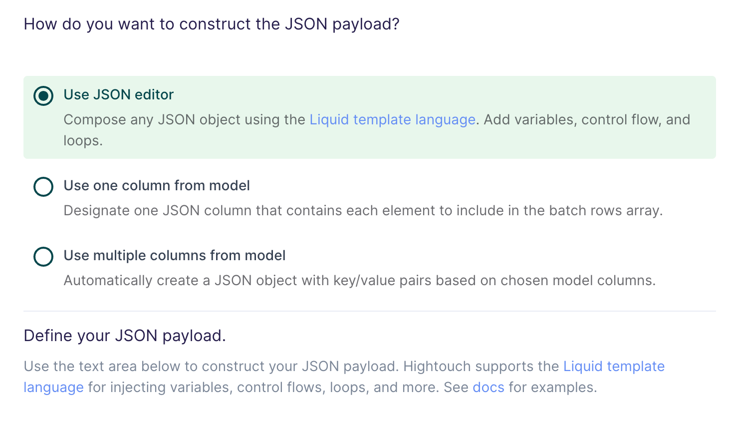 Selecting the JSON editor method in the Hightouch UI