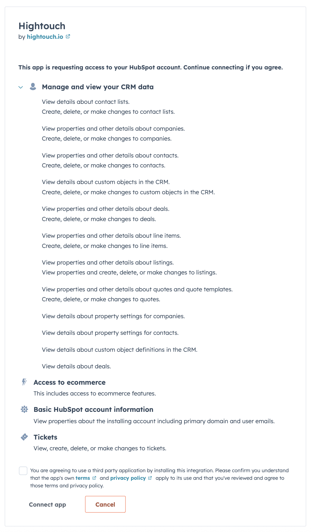 HubSpot scopes requested by Hightouch