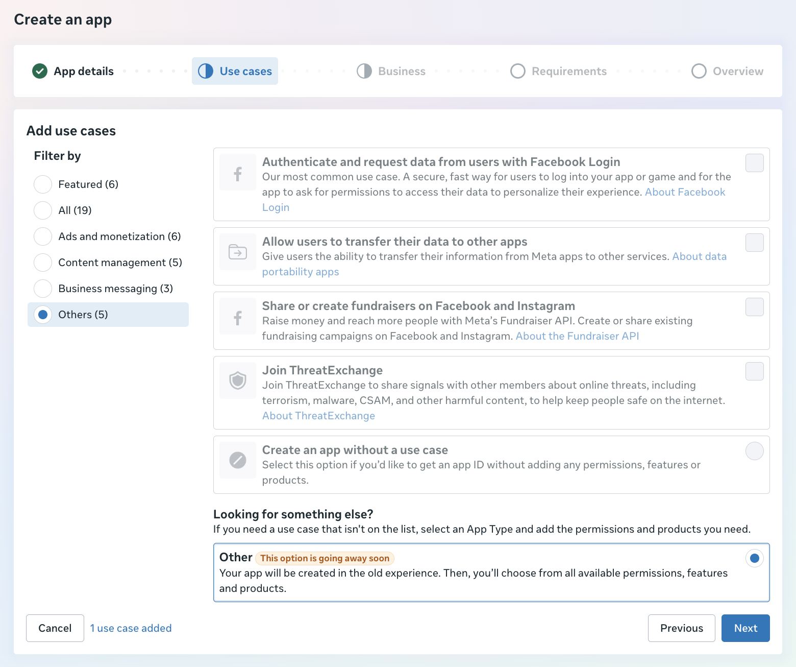 Meta app creation showing the deprecating Other option and the option to create an app without a use case