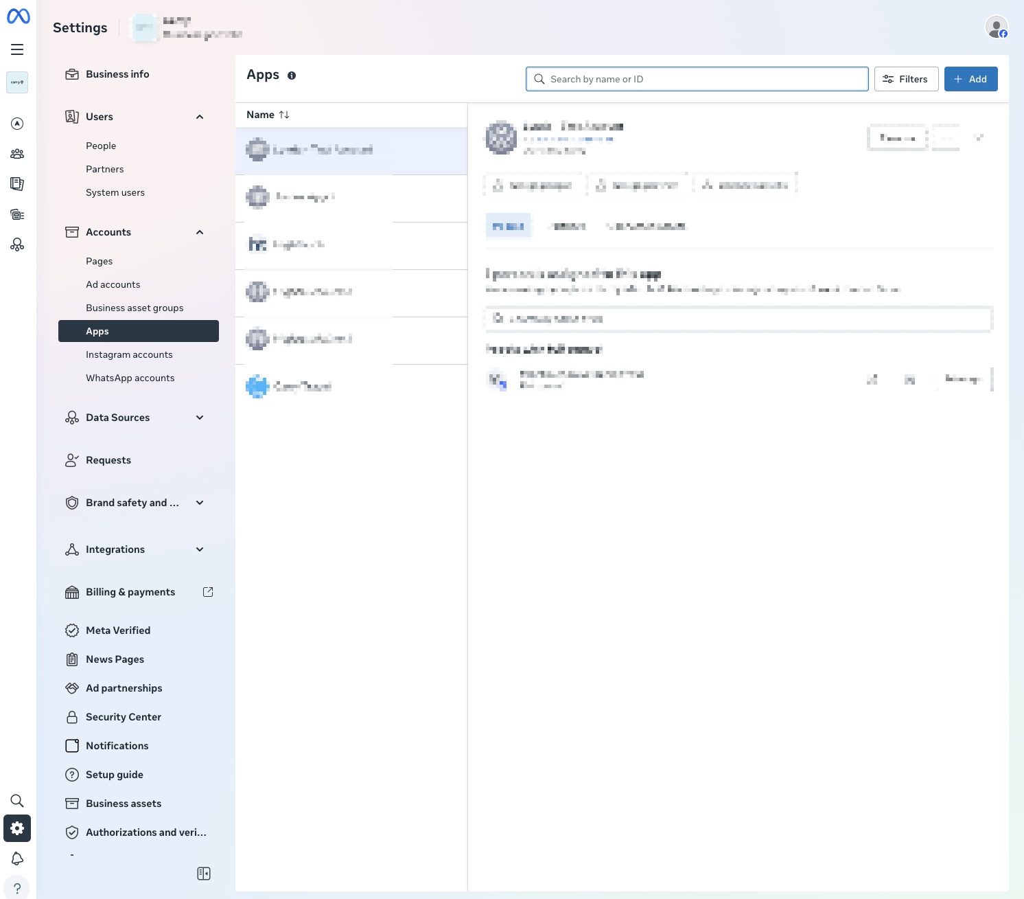 Screenshot of the Meta Business account UI