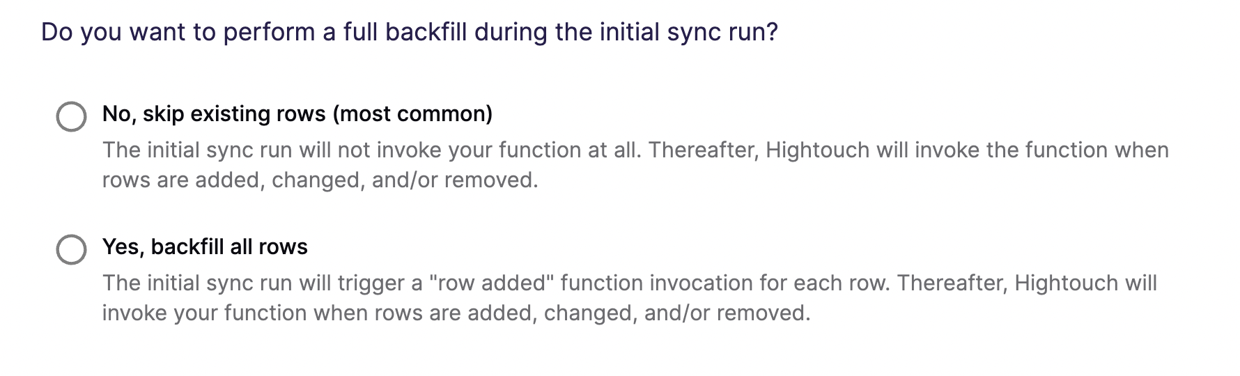 Declaring how to handle initial sync behavior in Hightouch