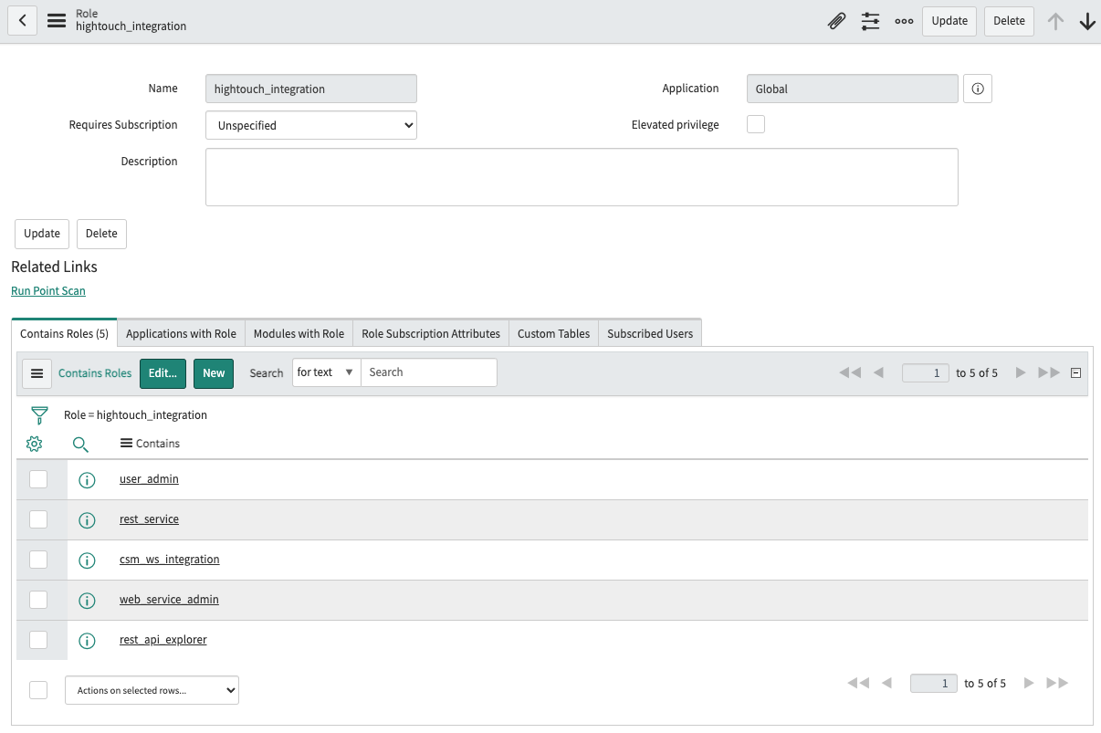 Integration role selection in the ServiceNow UI
