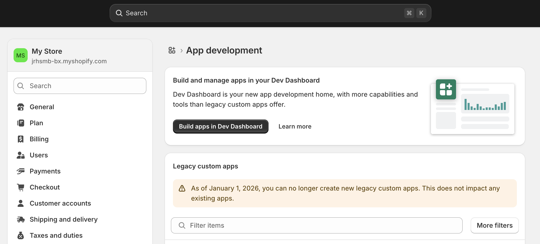 Build apps in Dev Dashboard button in Shopify