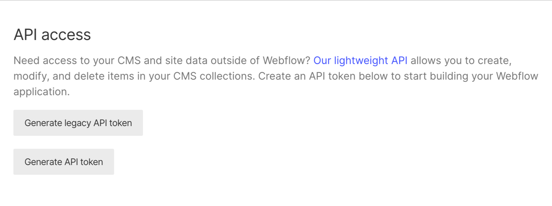 Webflow legacy API key