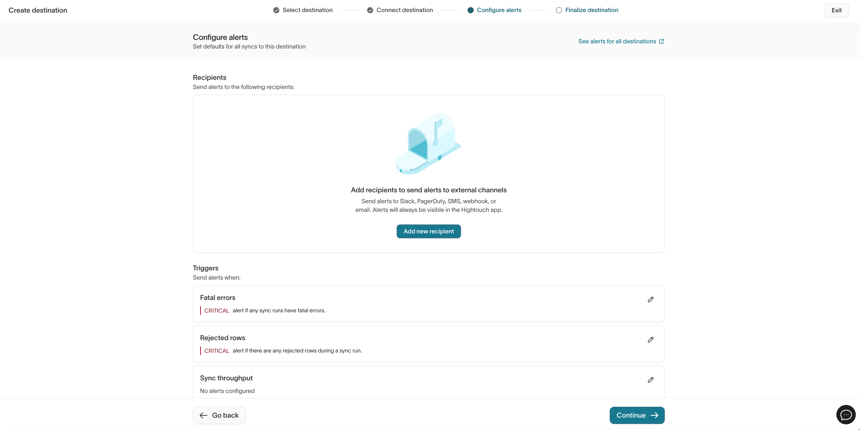 Configuring default alerts for the Sprig destination
