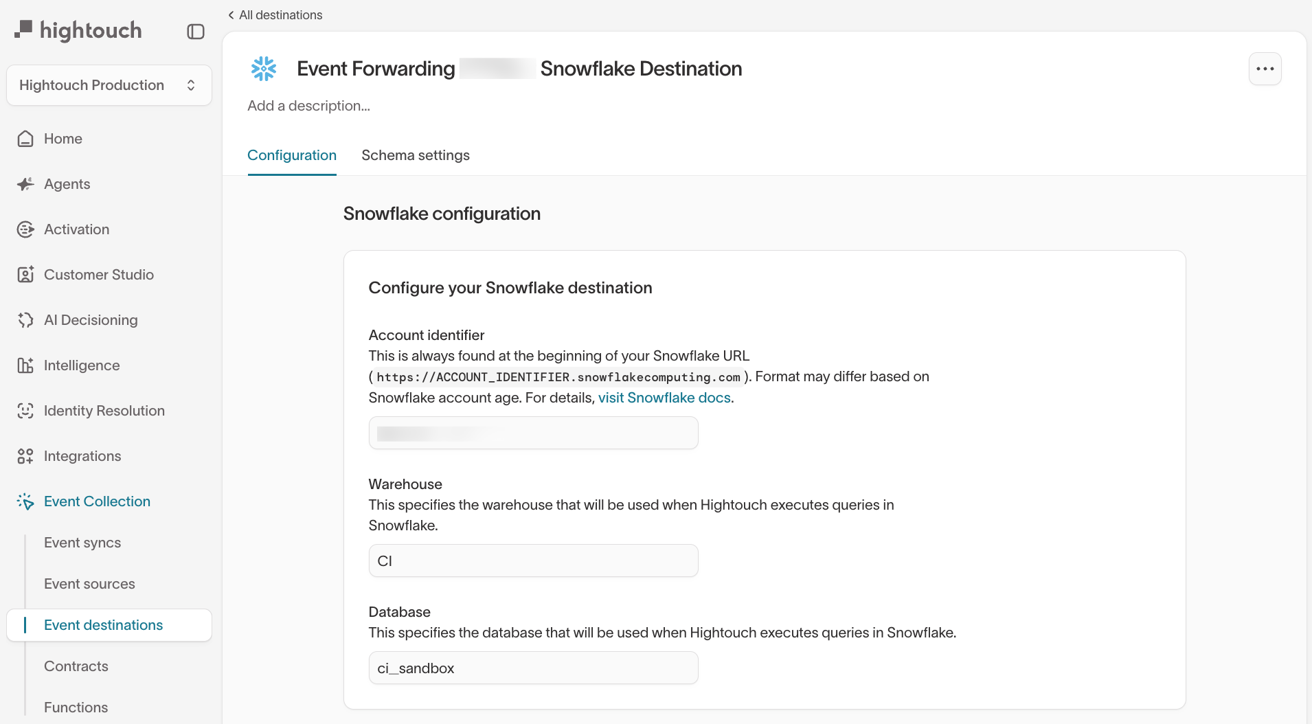 Event destination configuration tab