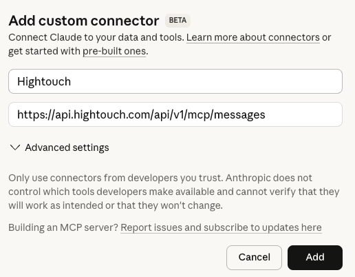 Adding Hightouch as a custom connector in Claude