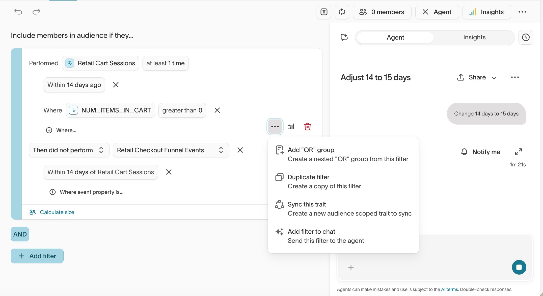 The filter context menu showing the Add filter to chat option