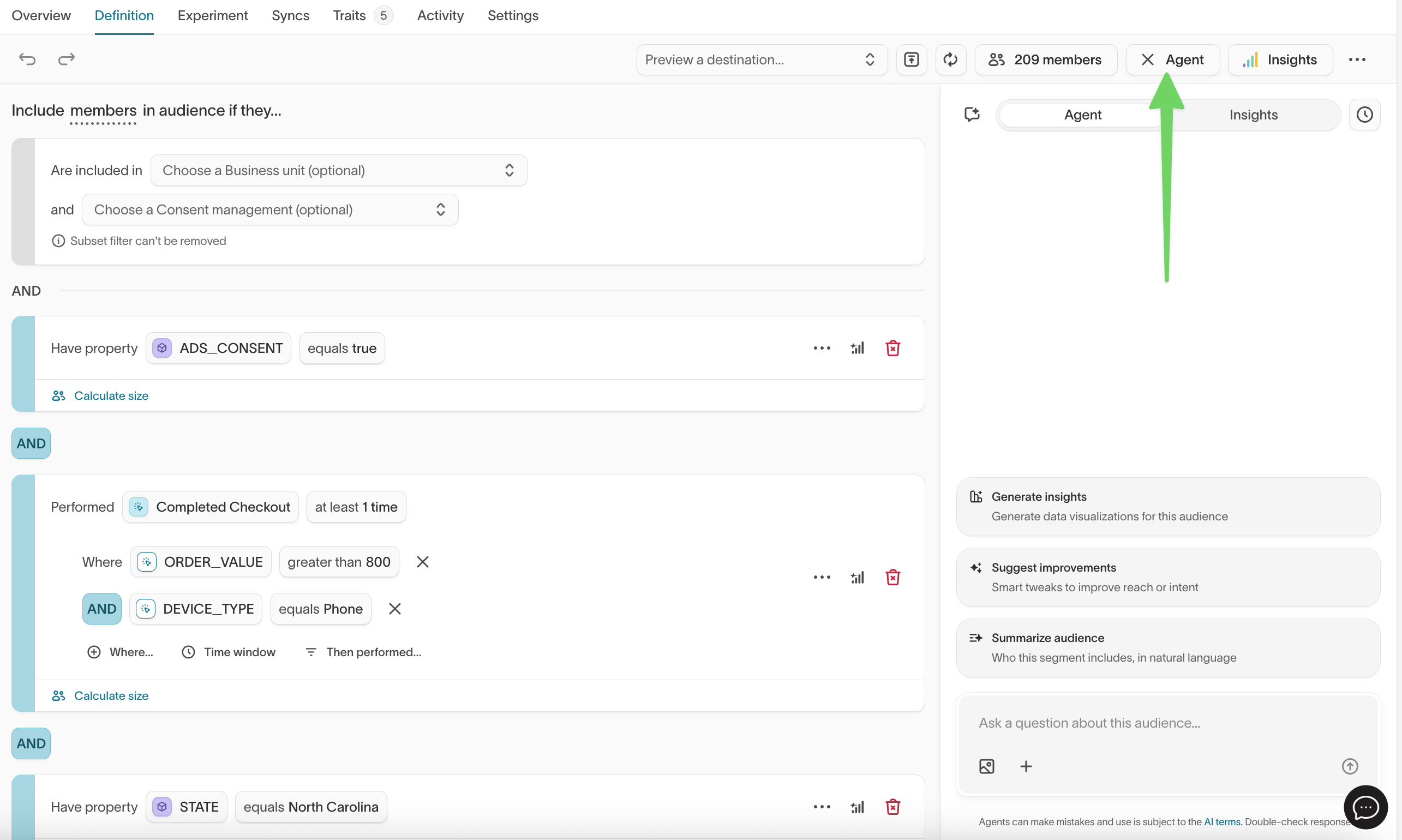 The visual builder with the Agent panel open