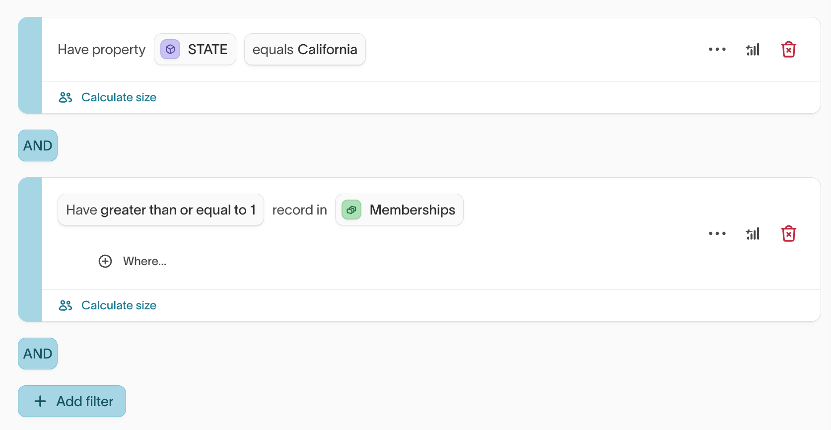 Two conditions combined with AND in the audience builder