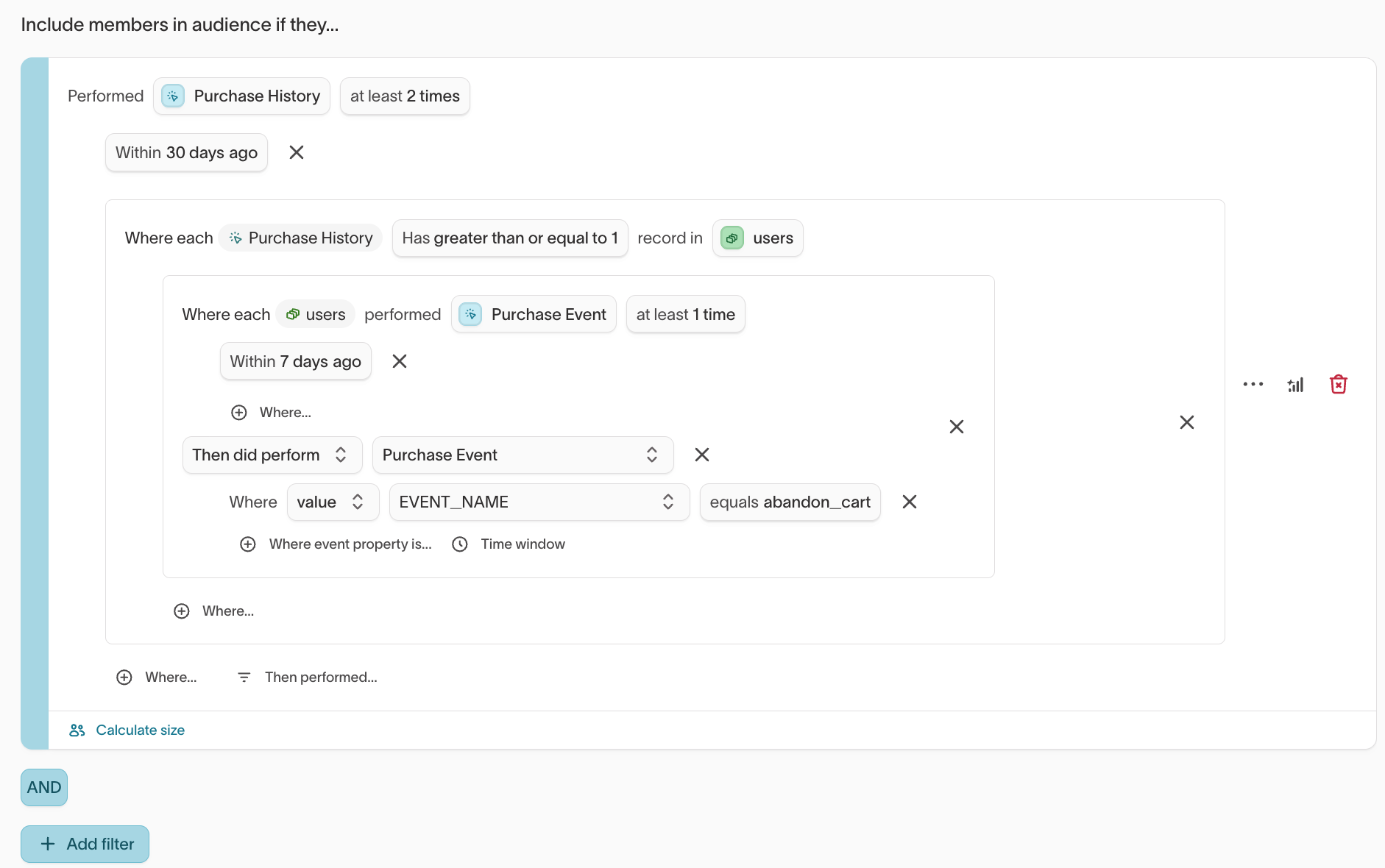 A nested filter applying counts across multiple related models