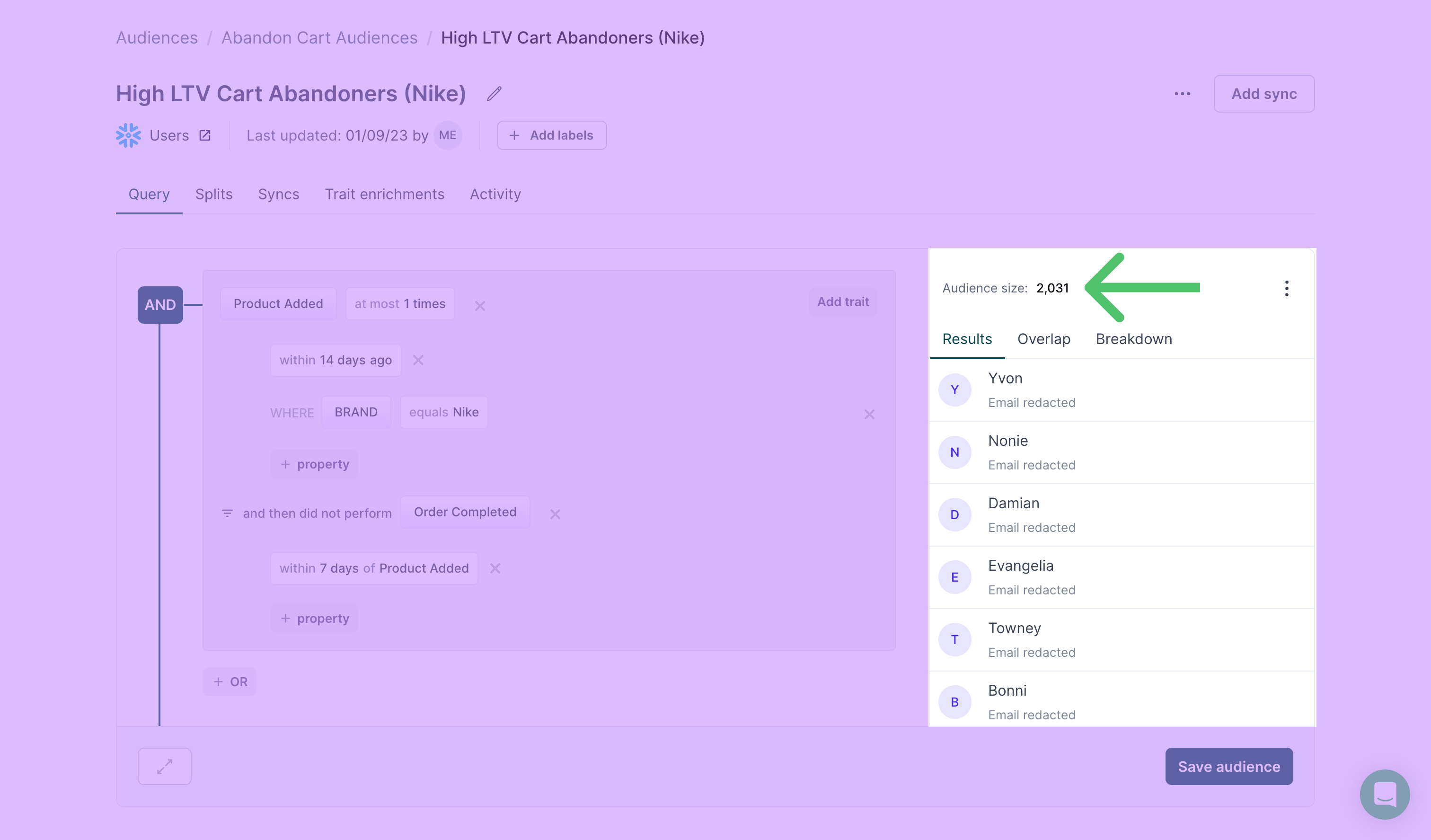 Previewing an audience in the Hightouch UI