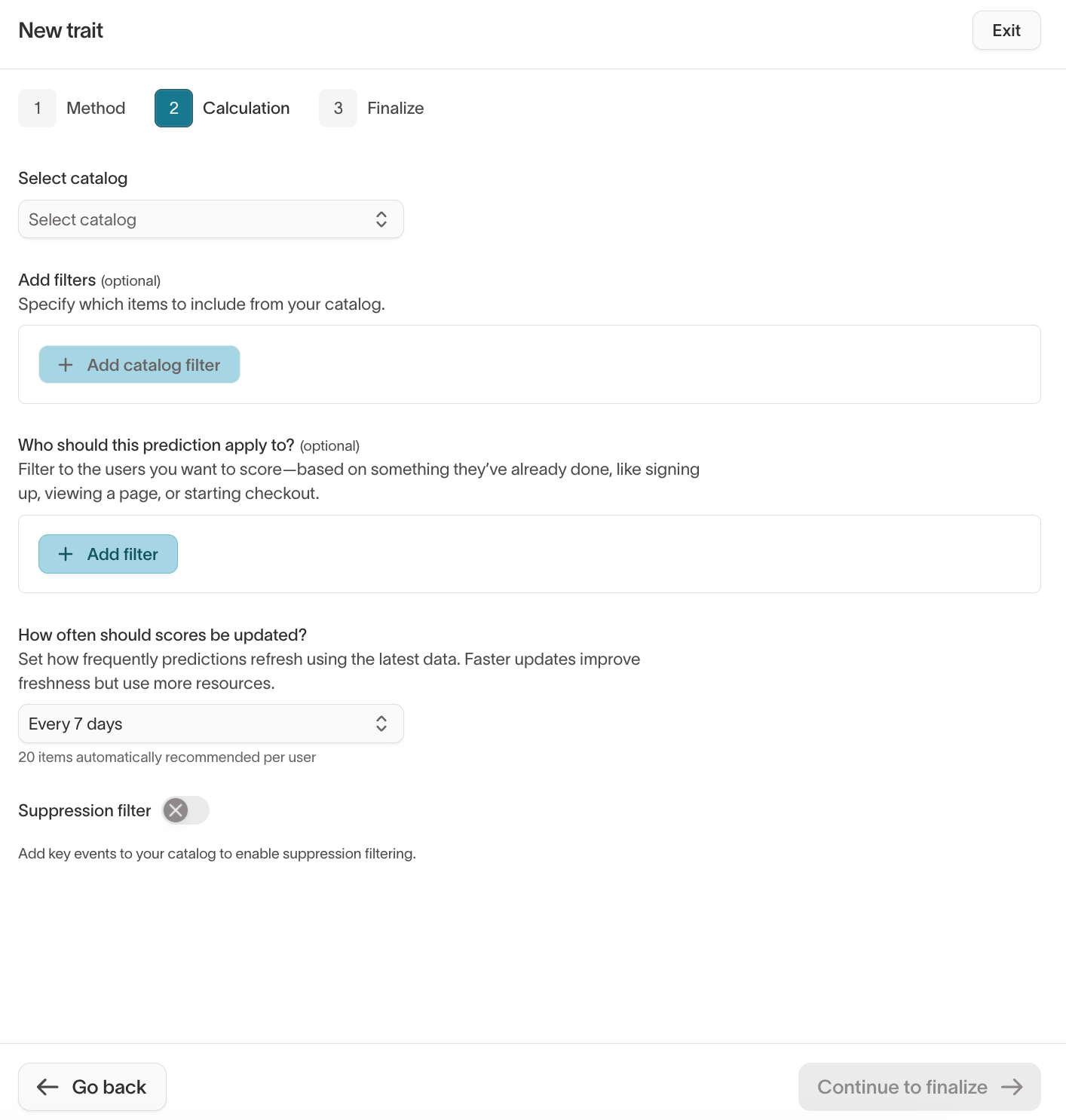 Calculation step showing catalog selection, filters, eligible users, and update schedule