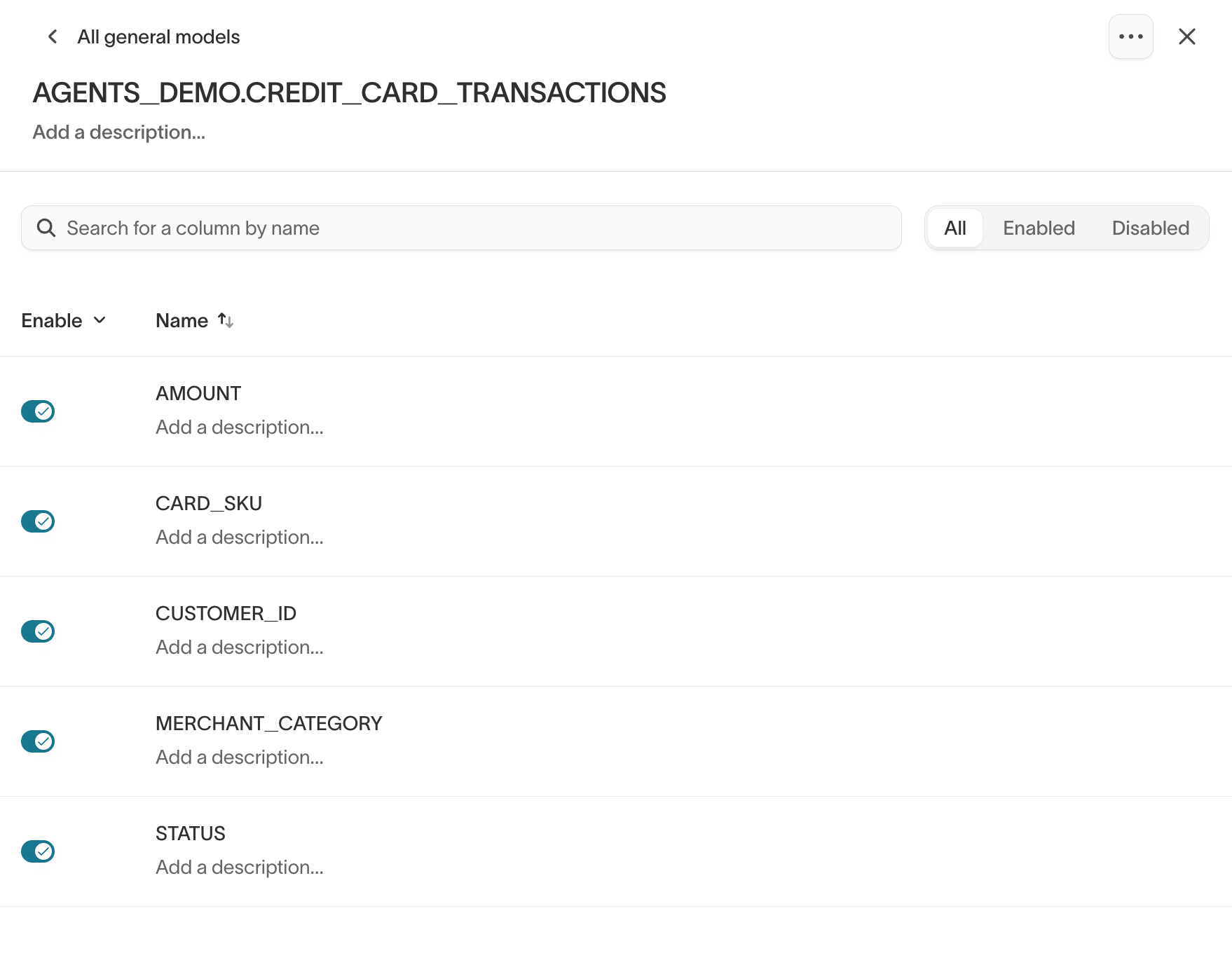 Column detail view with enable toggles and descriptions