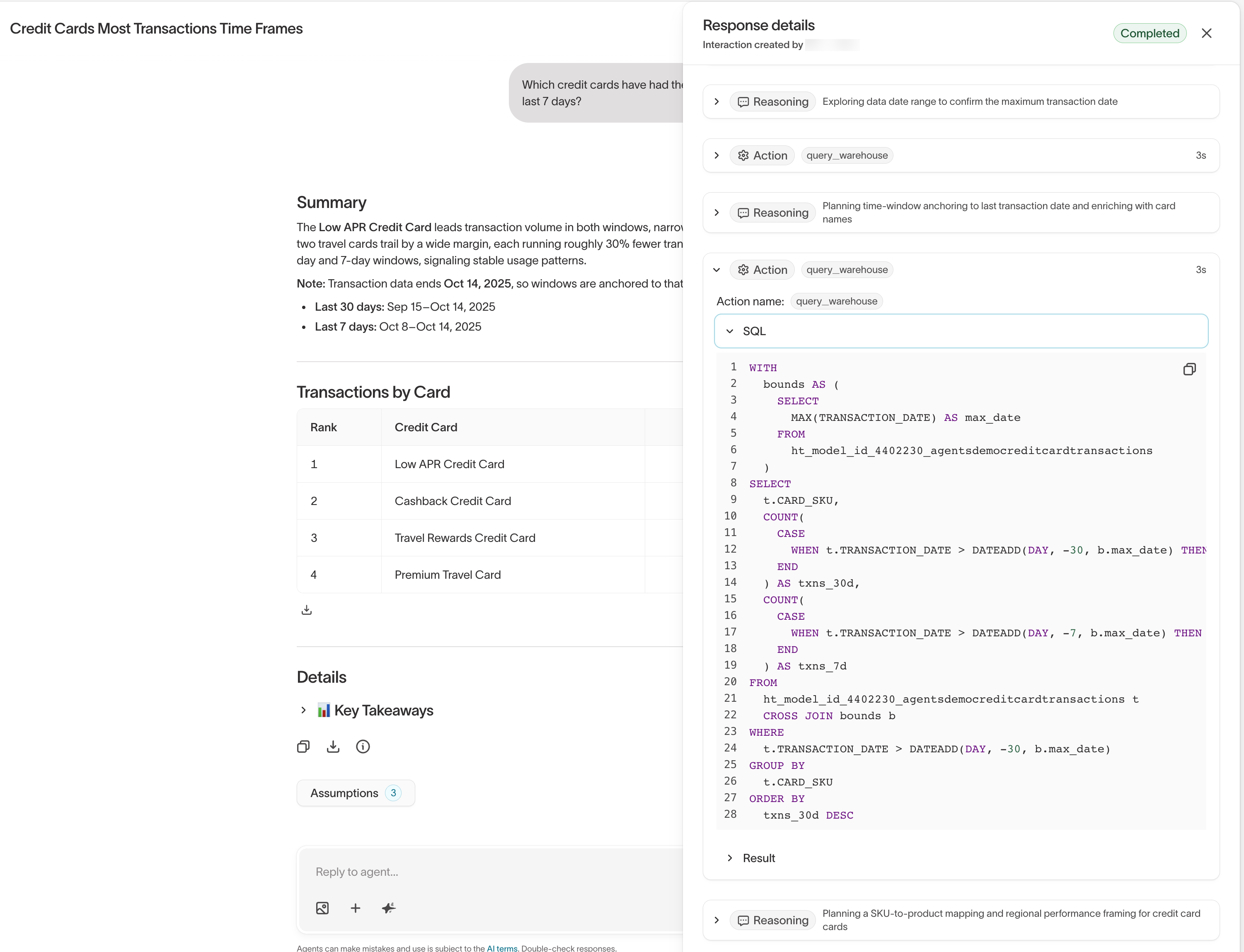 Response details showing the agent's reasoning steps and warehouse query