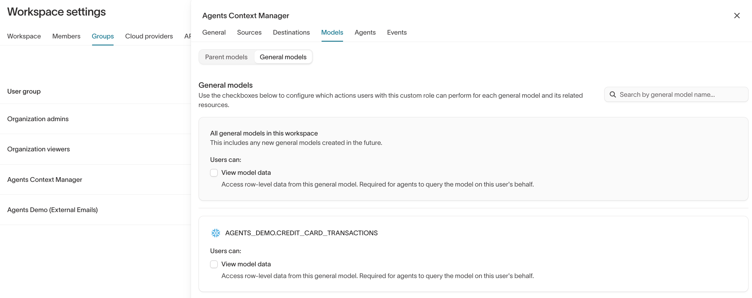 General models permissions in the role configuration panel