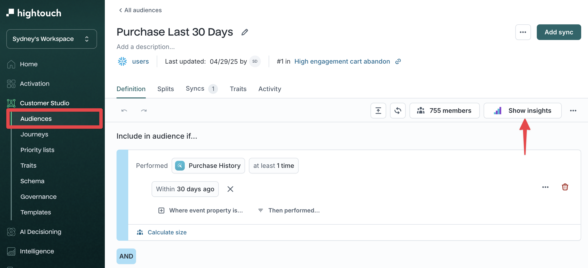 Show insights button in definition tab