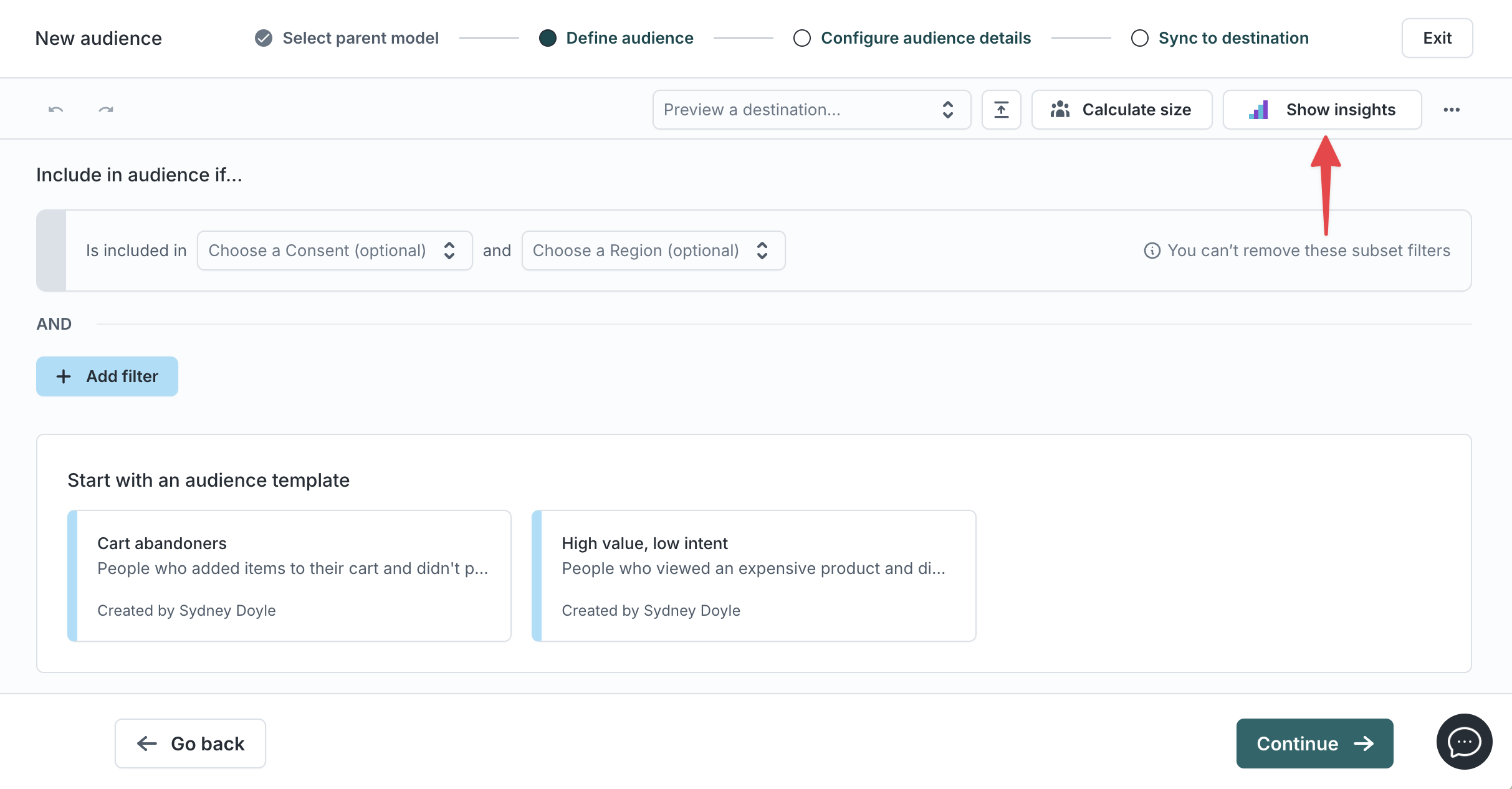 Show insights button in audience creation