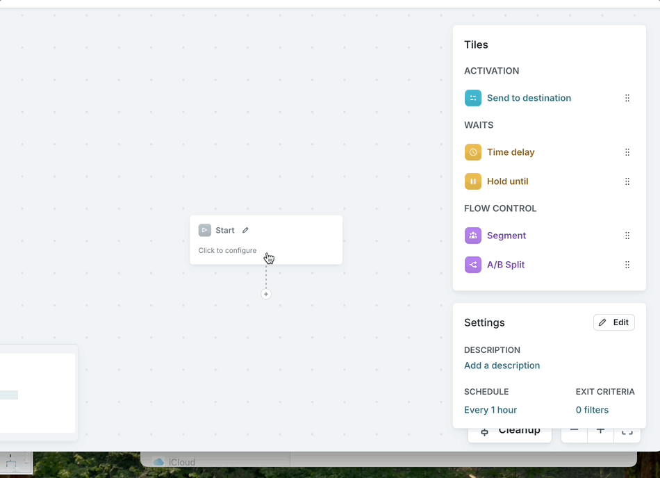 Journey canvas with tile library panel