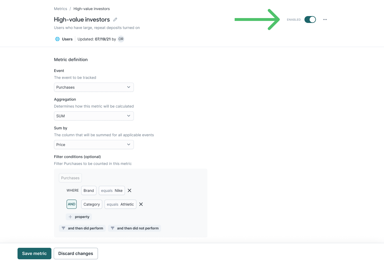 Metric configuration in the Hightouch UI