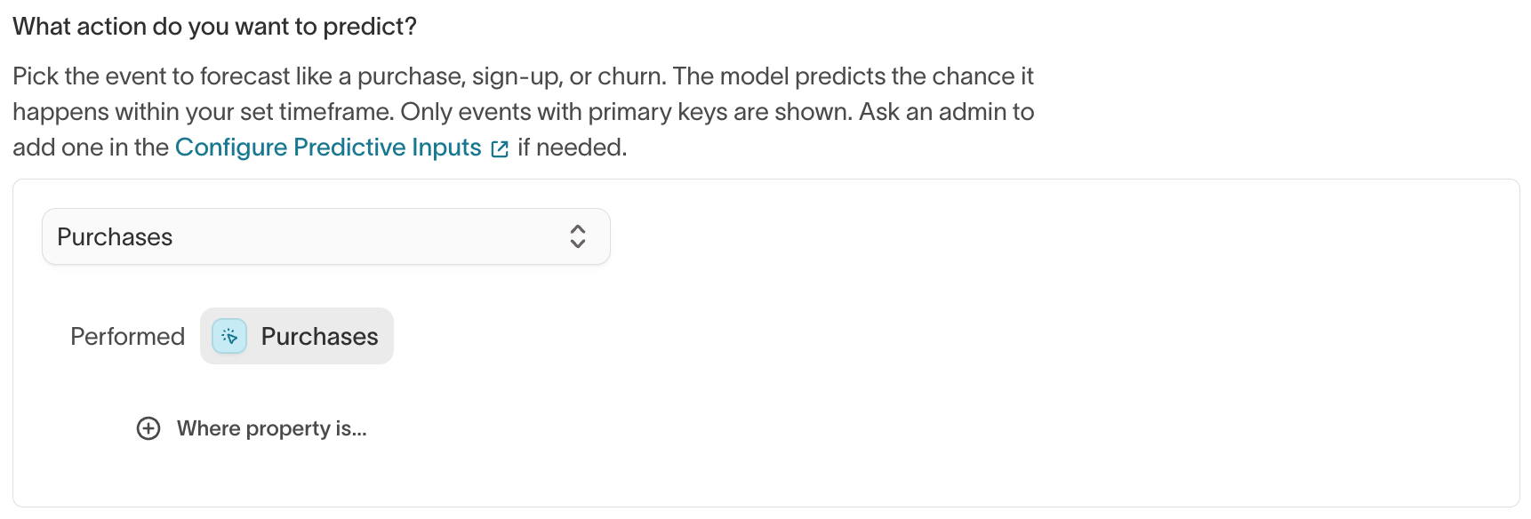 Event selection showing "What action do you want to predict?" with Purchases selected