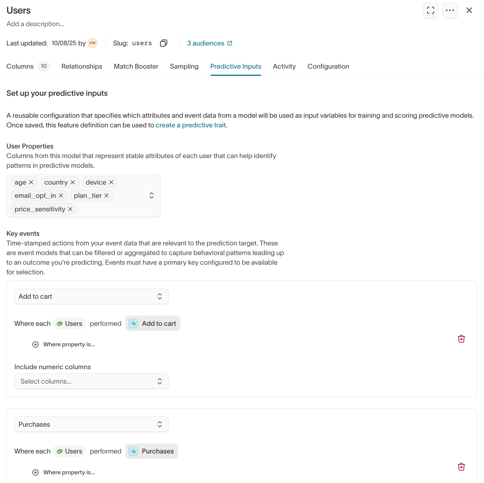 Predictive Inputs tab on a parent model showing user properties and key events configuration