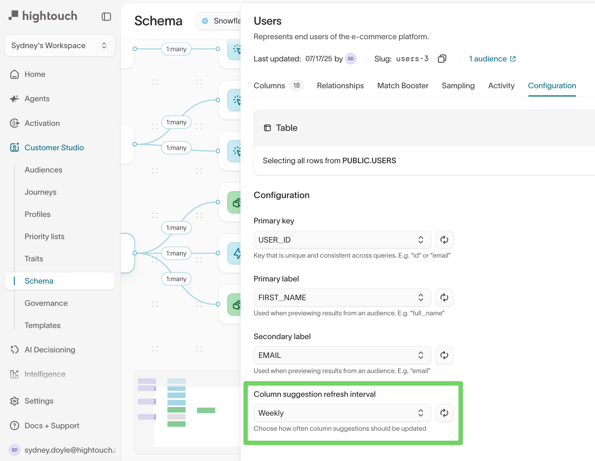 Column suggestion refresh interval dropdown