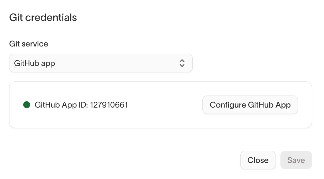 Git credentials dialog showing a connected GitHub App