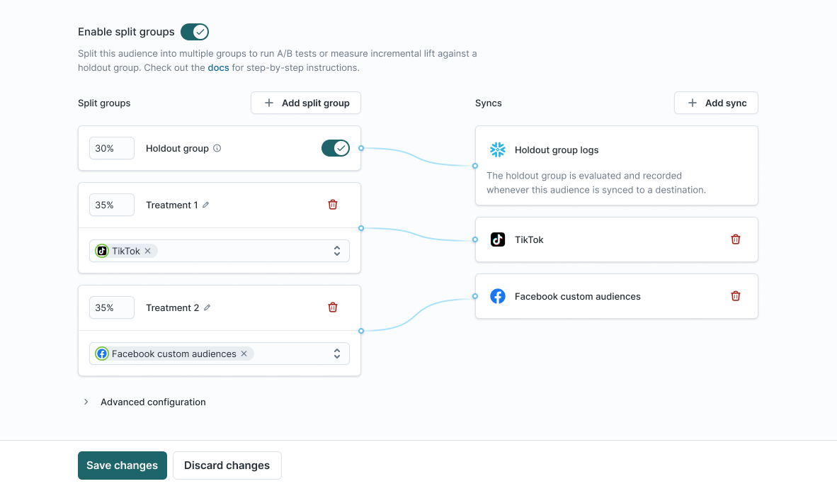 Configuring splits in the Hightouch UI