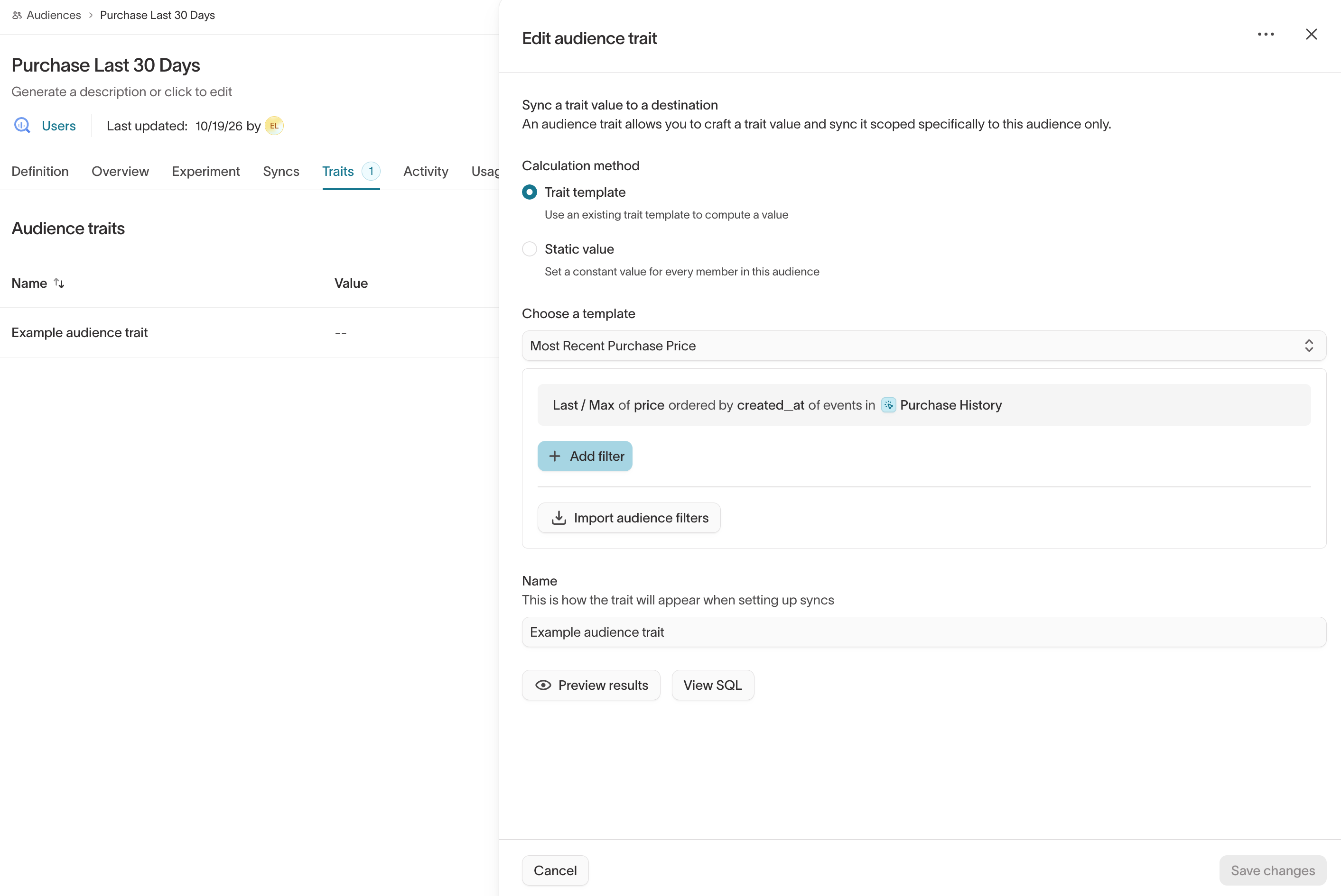 Configure an audience trait from a template or a static value