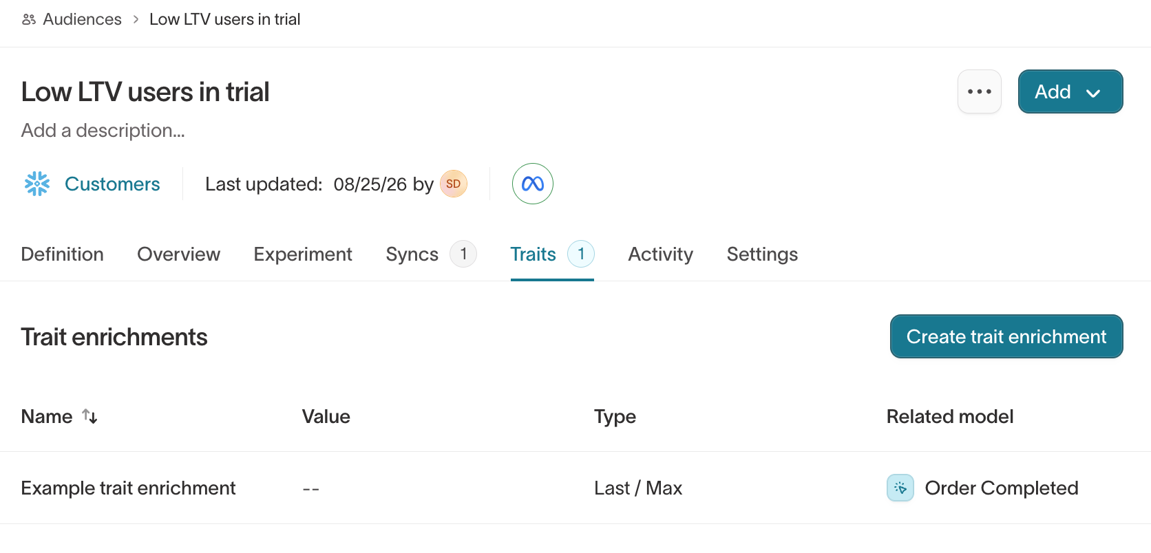 The saved enrichment in the audience's Traits tab