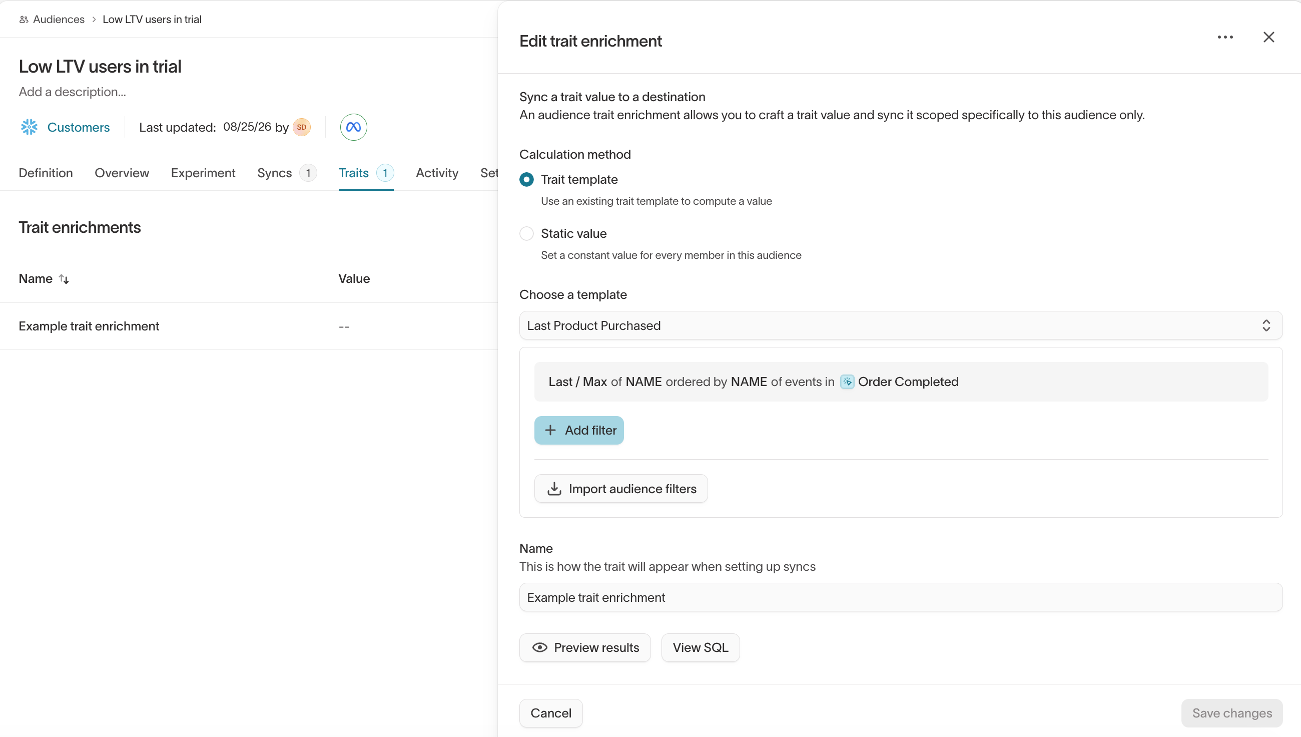 Configure a trait enrichment from a template or a static value