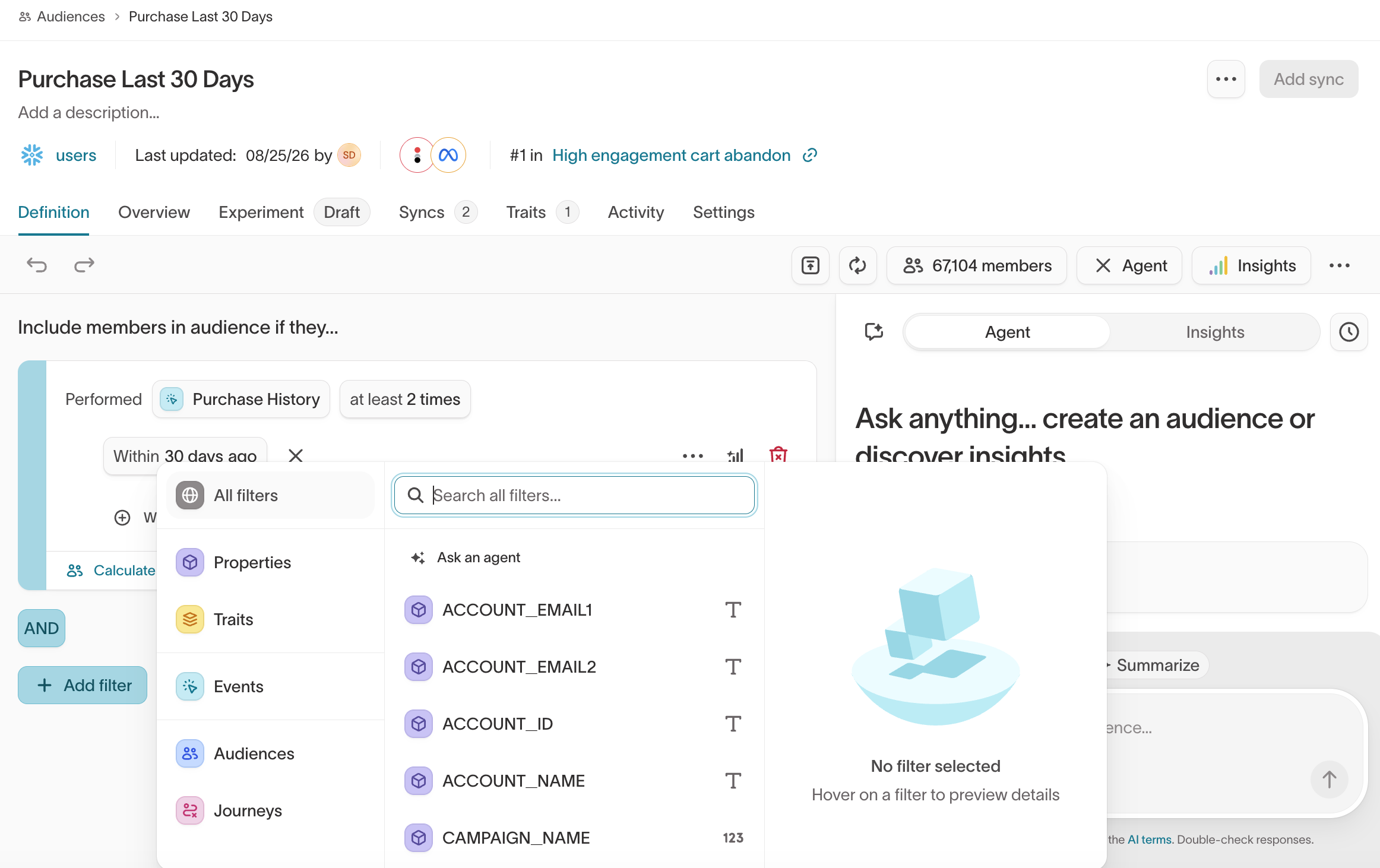 Choose a filter source in the audience builder