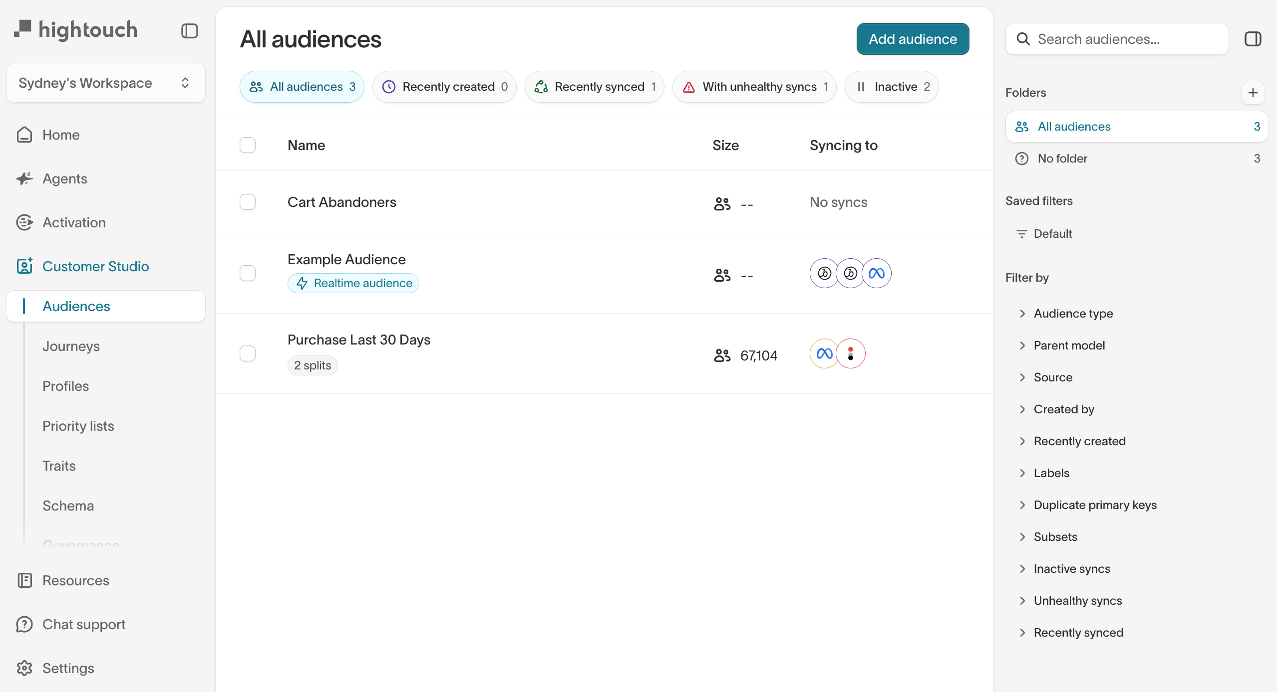 The Audiences list with the Add audience button