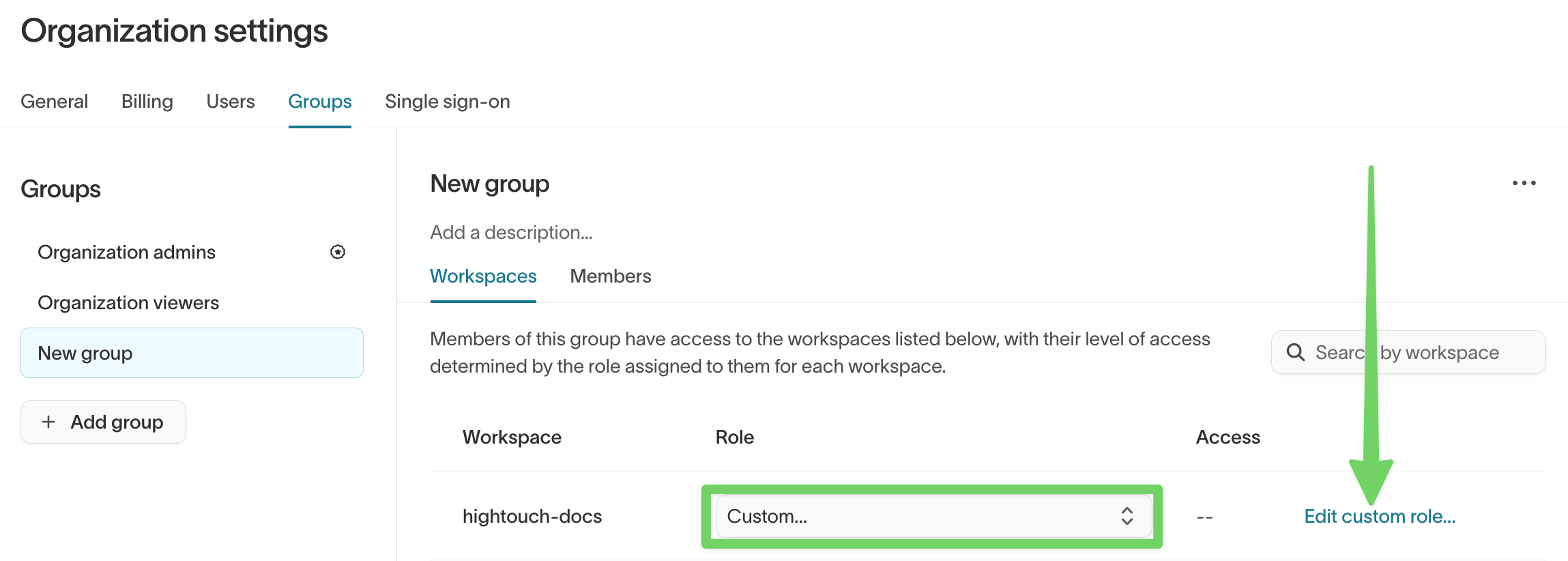 Organization settings page showing Custom role editor